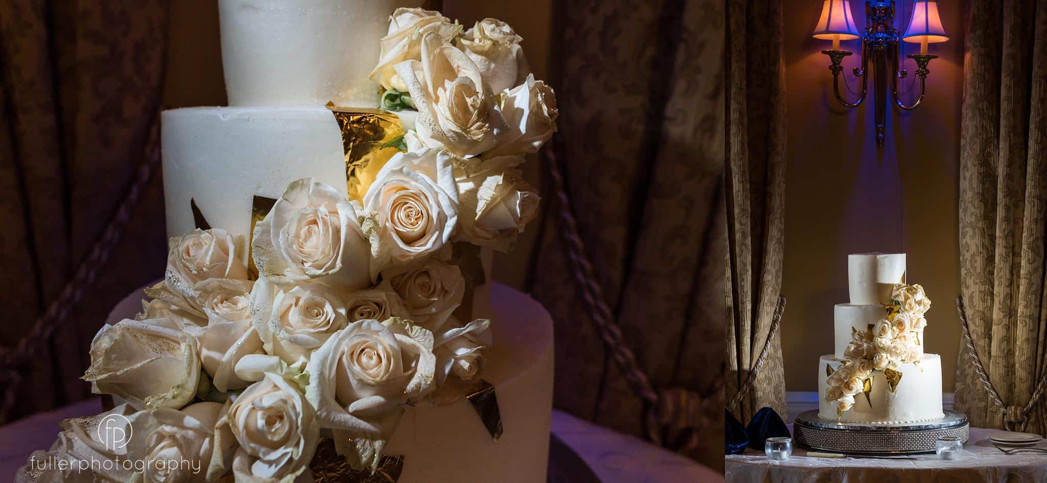 Wedding cake with a floral arrangement going up the side of the cake