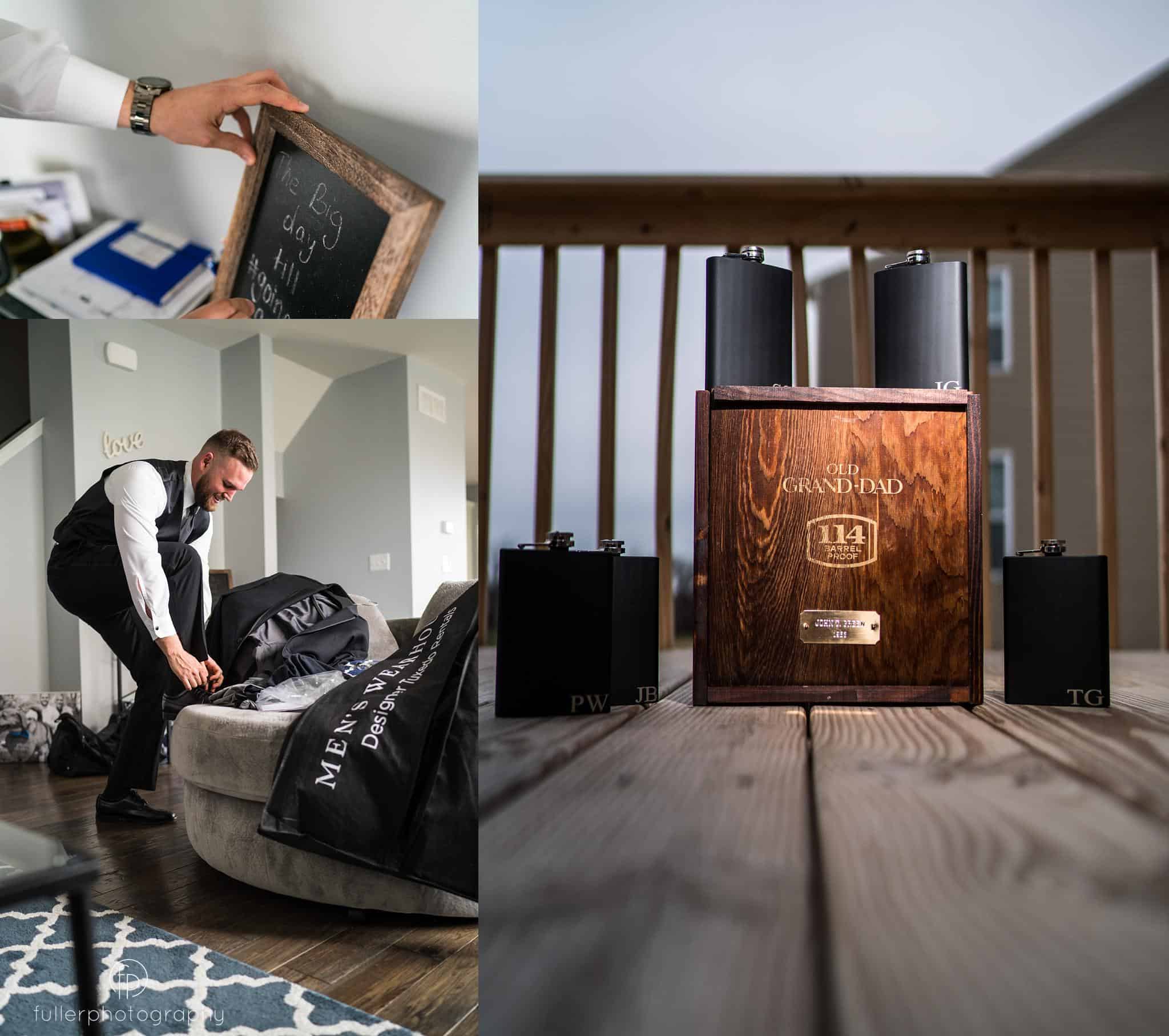 details of the groom getting ready for his wedding day along with his groomsmen gifts