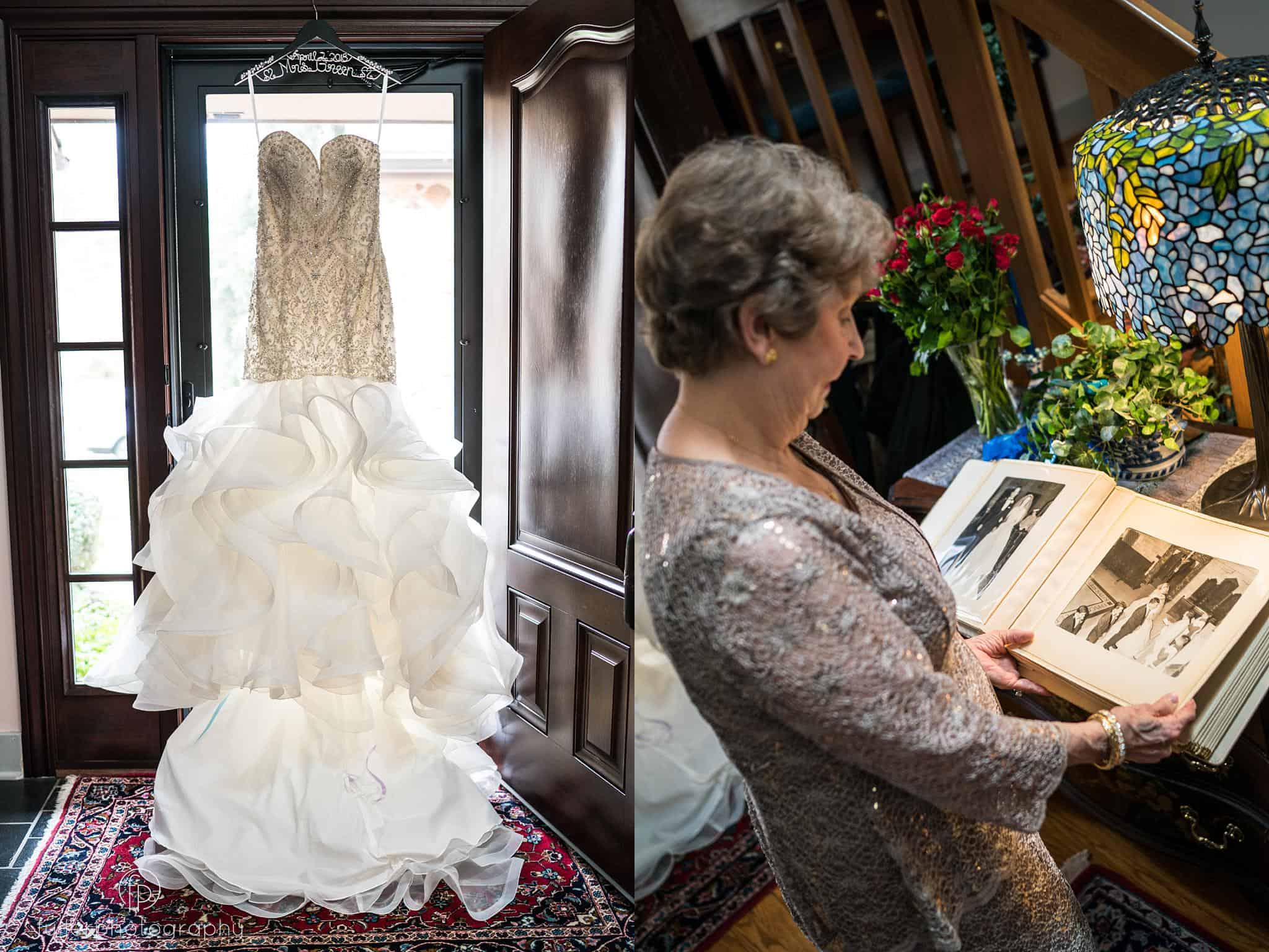 Bride's grandmother looking at her wedding pictures before the St Padua Ceremony