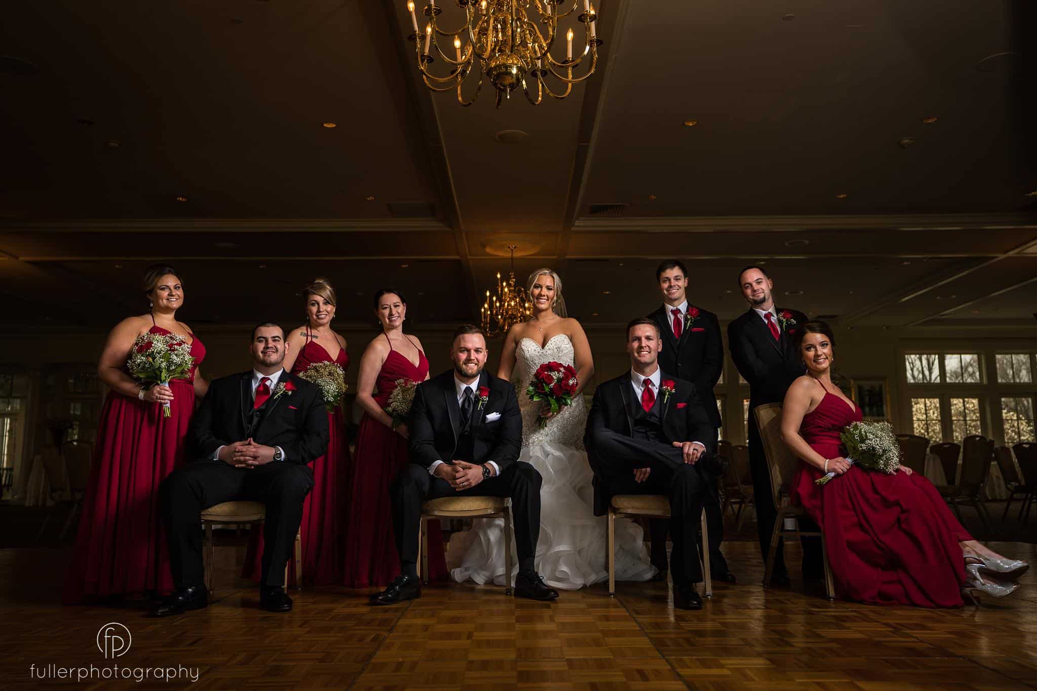 Wedding party portrait inside the ballroom at a Deerfield Country Club Wedding in Newark Delaware