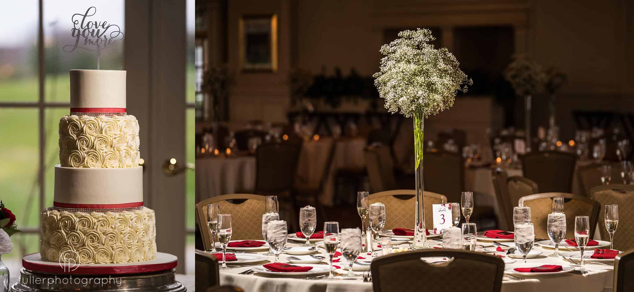 Amazing wedding cake by Desserts by Dana and flowers inside the Ballroom at Deerfield Country Club