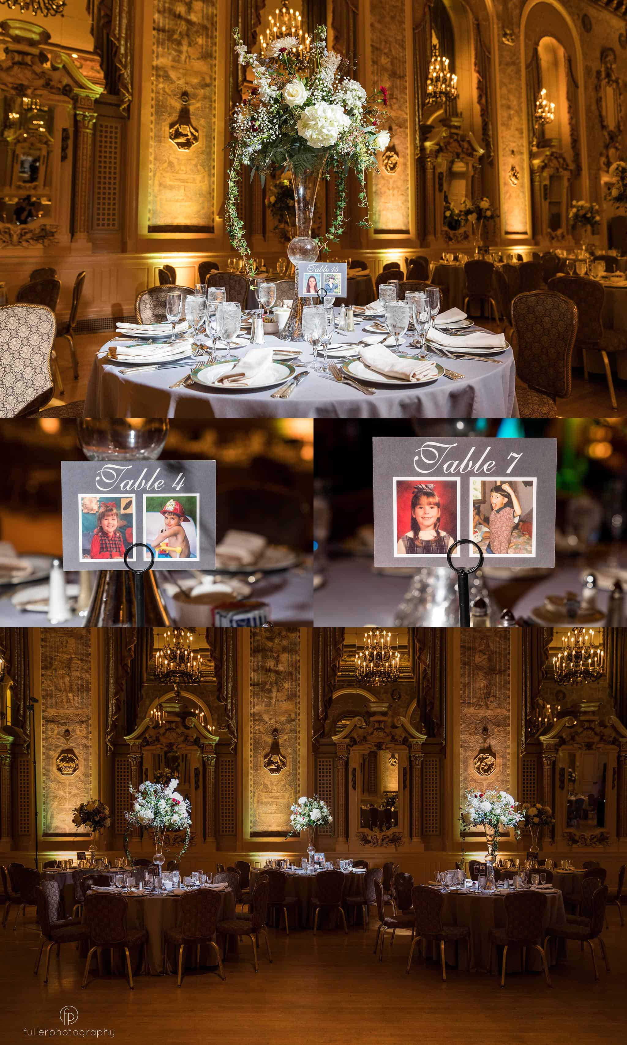 The Hotel DuPont Wedding Ballroom decorated with table decor.