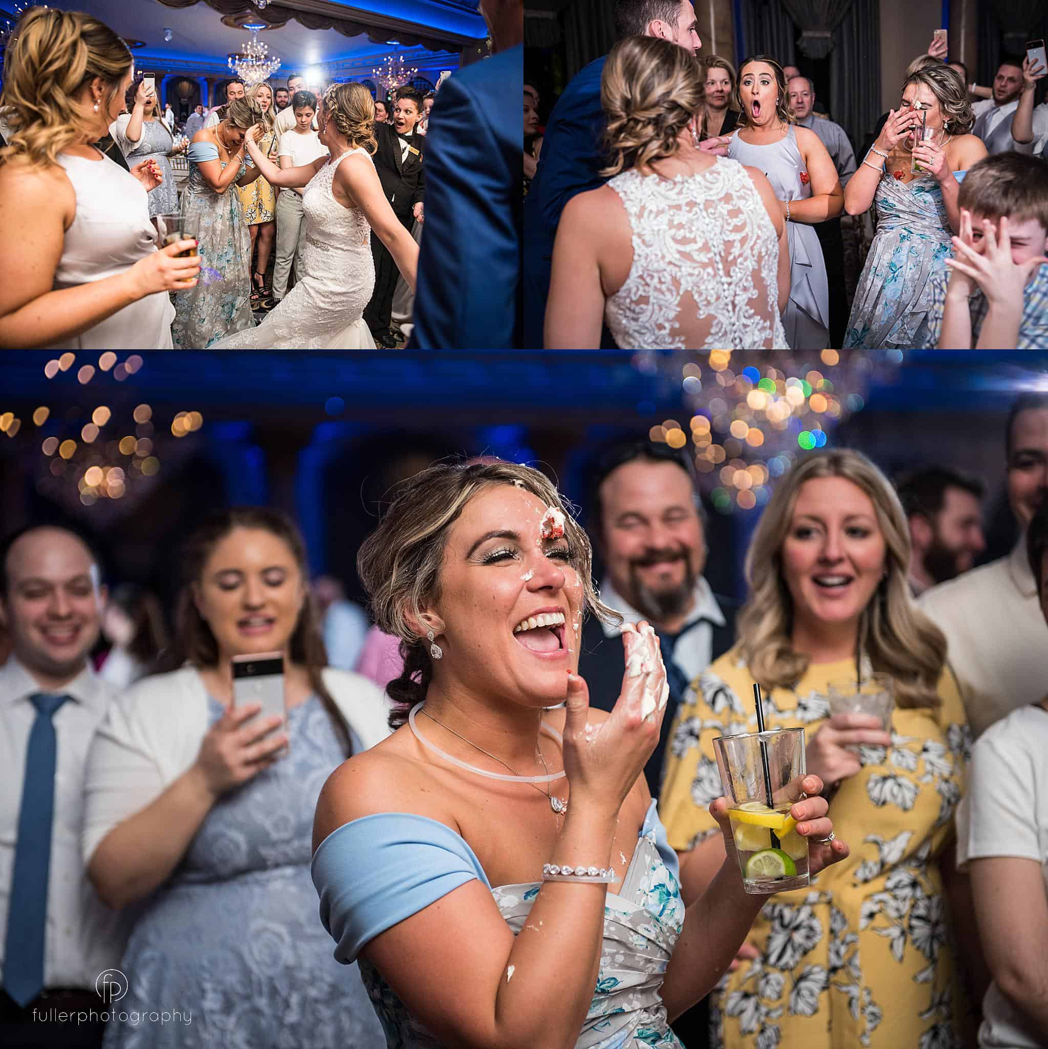 Bride smashing cake in the maid of honors face
