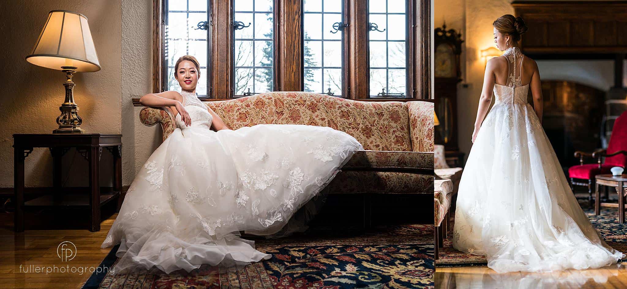 Bride lying on couch inside the historic building