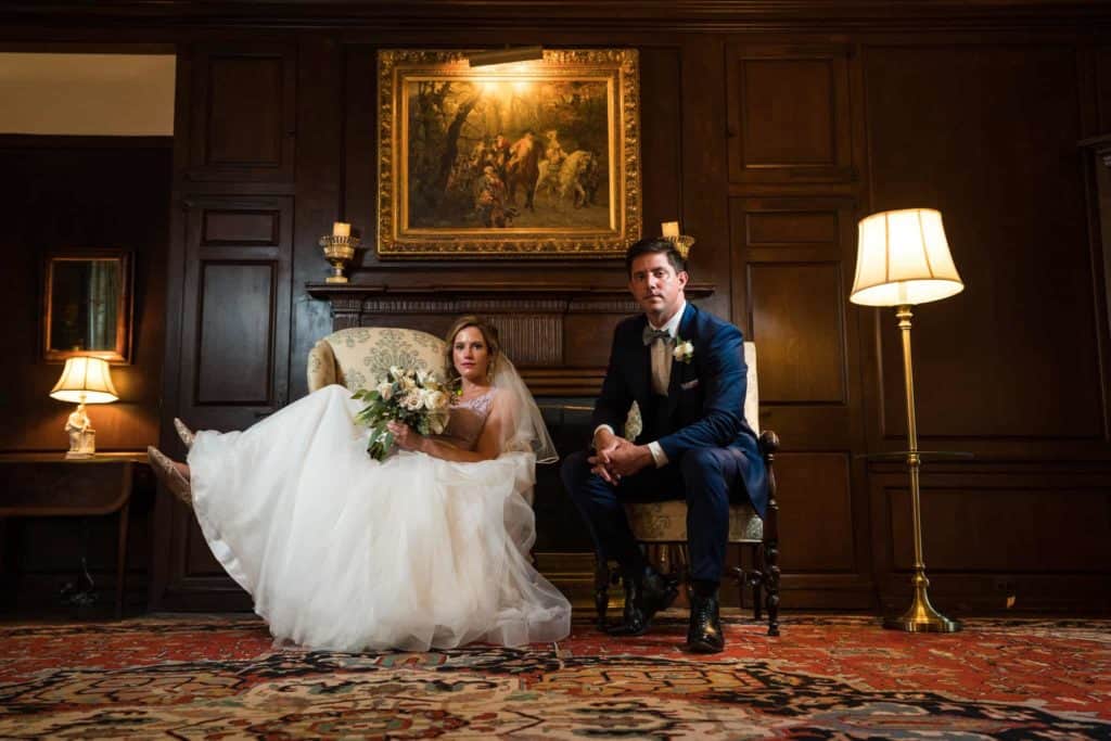 Bride and groom sitting inside the Appleford Estate