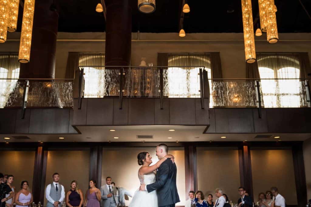 Bride and groom's first dance on the Phoenixville Foundry wedding dance floor